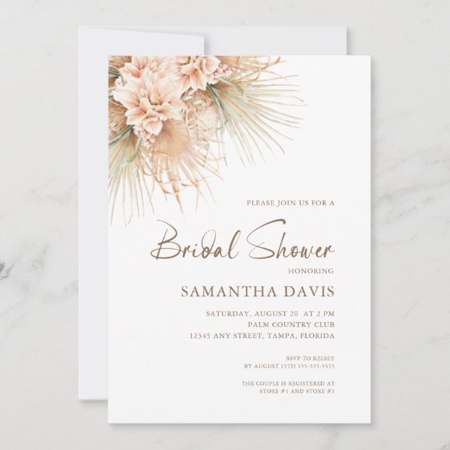 Boho Dried Palm Leaves Peach Floral Bridal Shower Invitation (Front)