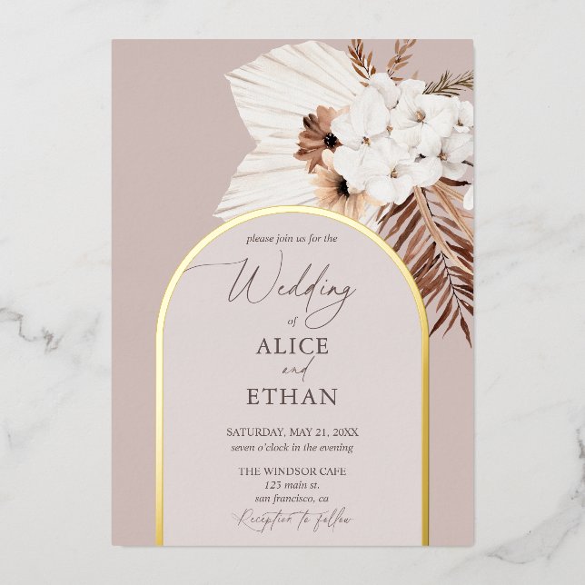Boho Dried Palm Leaves Wedding Foil Invitation (Front)