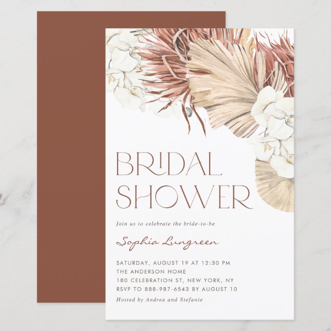 Boho Dried Palm & Orchid Bridal Shower Invitation (Front/Back)