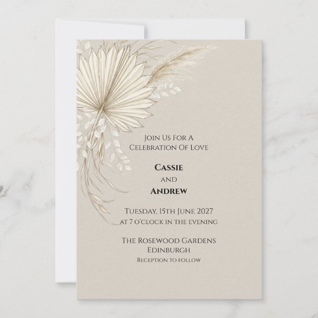 Boho Dried Palm Wedding Invitation (Front)