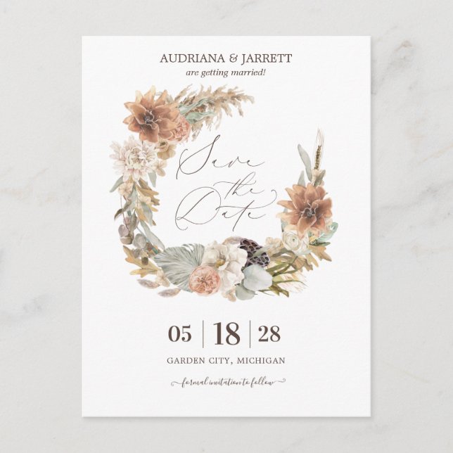 Boho Dried Pampas Grass Autumn Save the Date Postcard (Front)