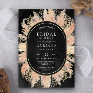 Boho Dried Pampas Grass Oval Black Bridal Shower Invitation