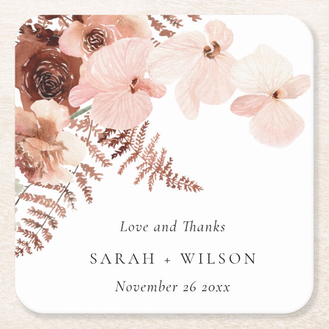 Boho Dried Rust Blush Fern Orchid Wedding Thanks Square Paper Coaster (Front)