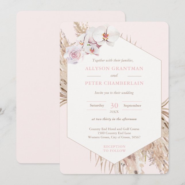 Boho Dried Tropical Palm Leaves Pampas Wedding Invitation (Front/Back)