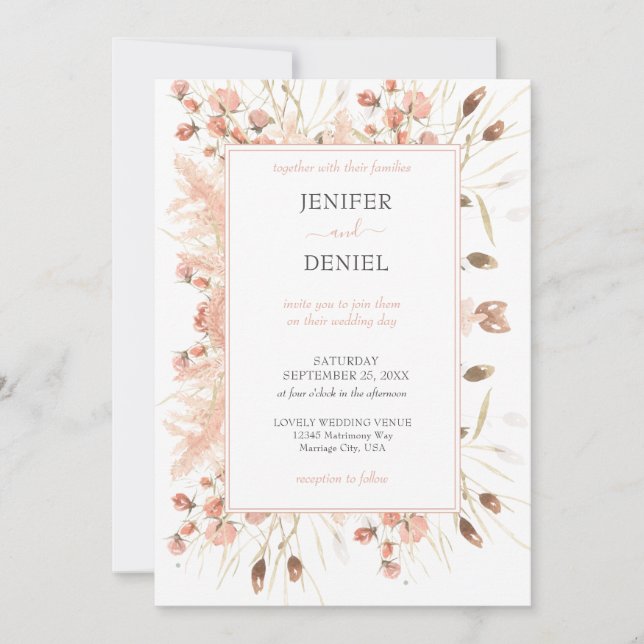 Boho Dried Watercolor Floral Wedding Invitation (Front)