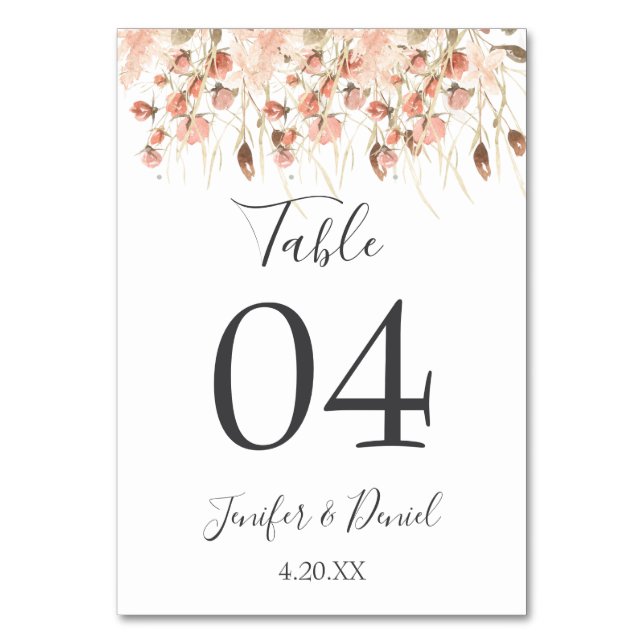 Boho Dried Watercolor Floral Wedding Table Number (Front)