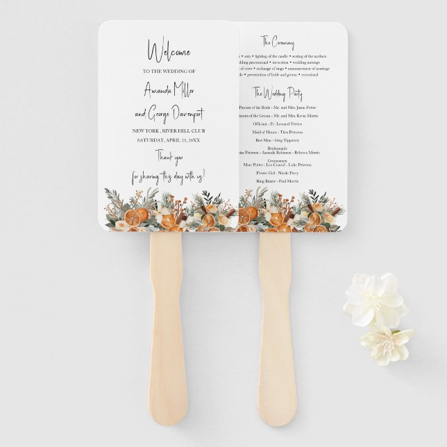 Boho Dry citrus greenery wedding program fan (Front and Back)