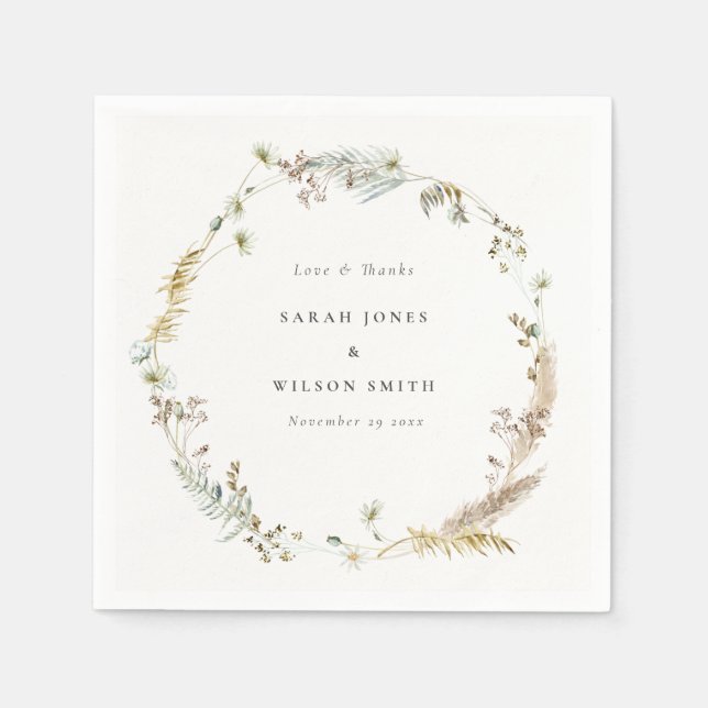 Boho Dry Palm Pampas Grass Floral Wreath Wedding Napkin (Front)