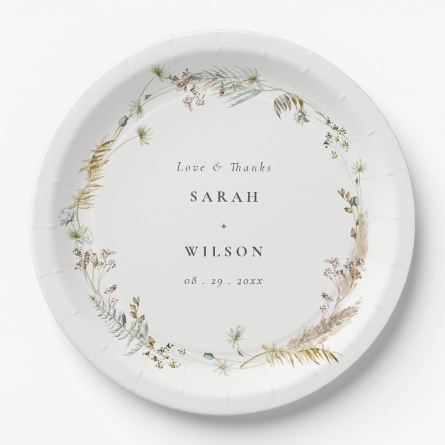 Boho Dry Palm Pampas Grass Floral Wreath Wedding Paper Plate (Front)