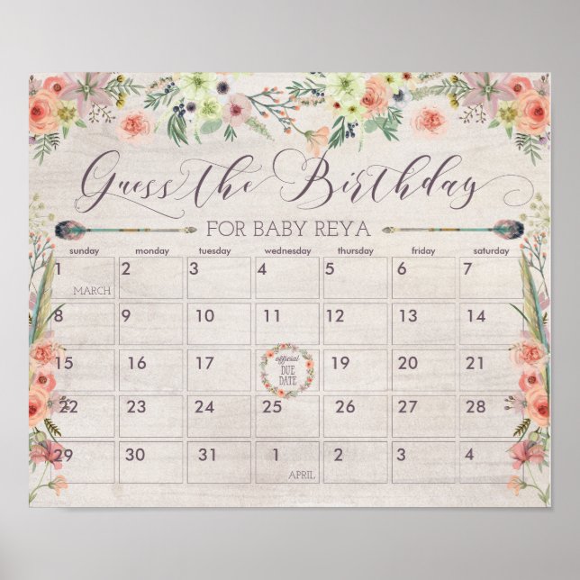 Boho Due Date Calendar Sign Baby Shower Game (Front)
