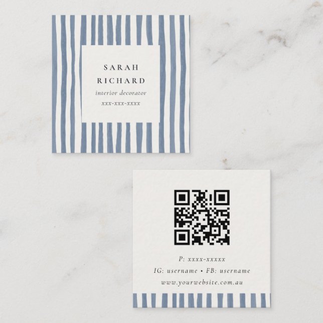 Boho Dusky Blue Hand Drawn Strips QR Code Square Business Card (Front/Back)