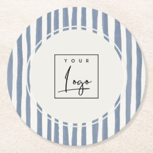 Boho Dusky Blue Watercolor Hand Drawn Strips Logo Round Paper Coaster