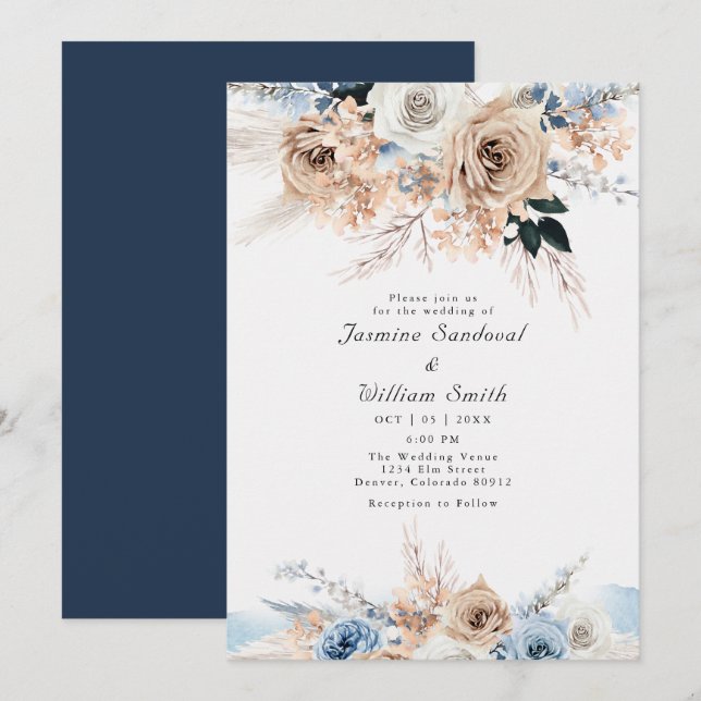 Boho Dusty Blue and Beige Floral Wedding Invitation (Front/Back)