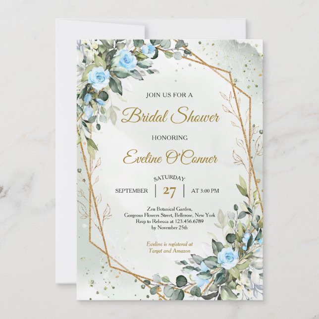 Boho dusty blue and eucalyptus and gold frame invitation (Front)