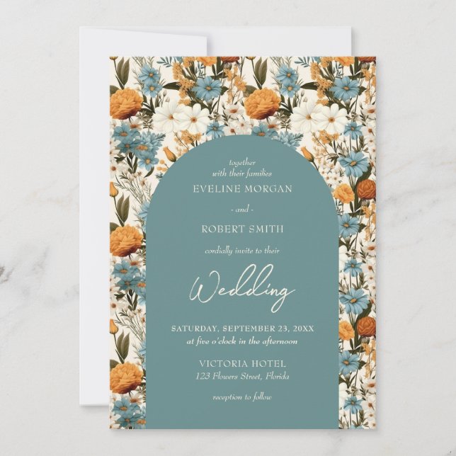Boho dusty blue and orange wild flowers arch invitation (Front)