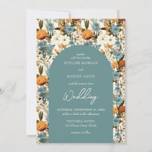 Boho dusty blue and orange wild flowers arch invitation