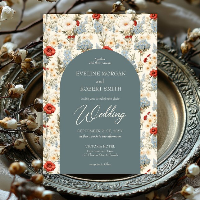 Boho dusty blue and terracotta wild flowers arch invitation (popular watercolor dusty blue and terracotta wild flowers wedding invitation)