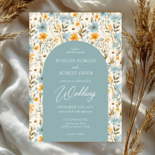 Boho dusty blue and yellow wild flowers arch invitation