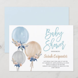 Boho dusty blue baby Shower balloons boy Invitation