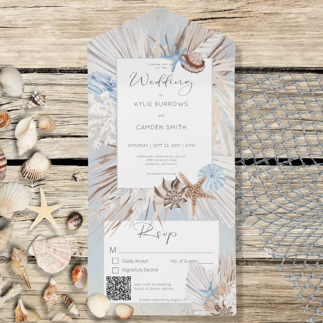 Boho Dusty Blue Beach Rustic QR Code All In One Invitation (Creator Uploaded)