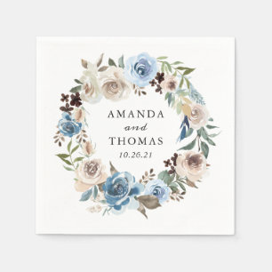 Boho Dusty Blue Beige Floral Wreath Wedding Napkin