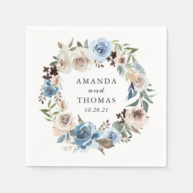Boho Dusty Blue Beige Floral Wreath Wedding Napkin (Front)