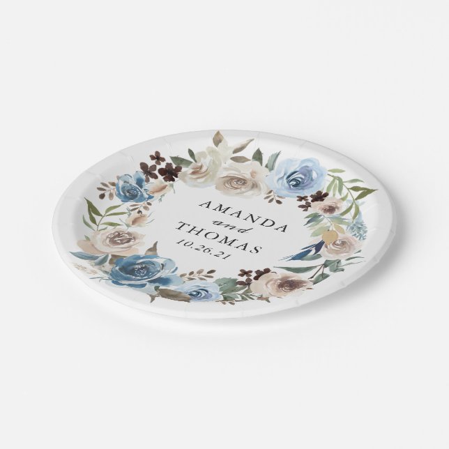 Boho Dusty Blue Beige Floral Wreath Wedding Paper Plate (Angled)