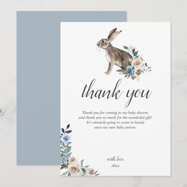 Boho Dusty Blue Beige Flowers Baby Shower Thank You Card (Front/Back)