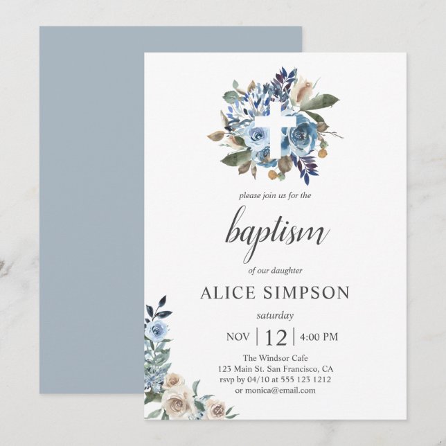 Boho Dusty Blue Beige Flowers Baptism  Invitation (Front/Back)