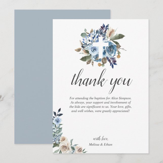 Boho Dusty Blue Beige Flowers Baptism Thank You Card (Front/Back)