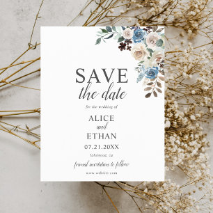 Boho Dusty Blue Beige Flowers Save The Date