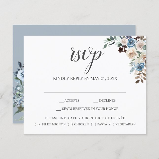 Boho Dusty Blue Beige Flowers Script Wedding RSVP (Front/Back)