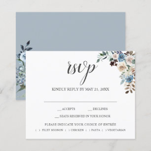 Boho Dusty Blue Beige Flowers Script Wedding RSVP