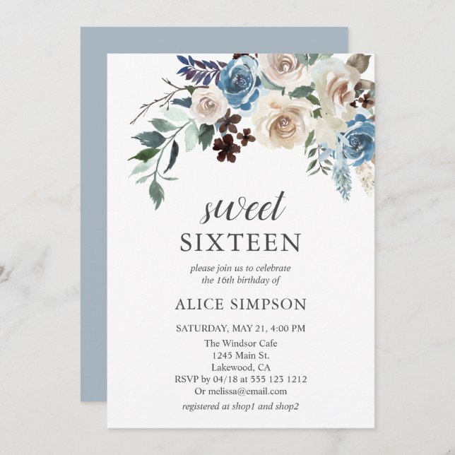 Boho Dusty Blue Beige Flowers Sweet 16 Invitation (Front/Back)