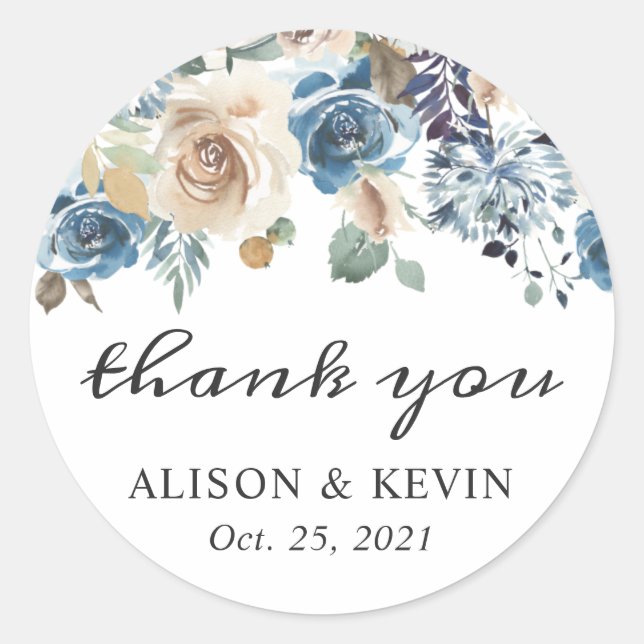 Boho Dusty Blue Beige Rustic Floral Thank You Classic Round Sticker (Front)