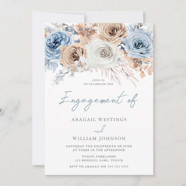 Boho Dusty Blue: Bohemian Floral Engagement Party Invitation (Front)
