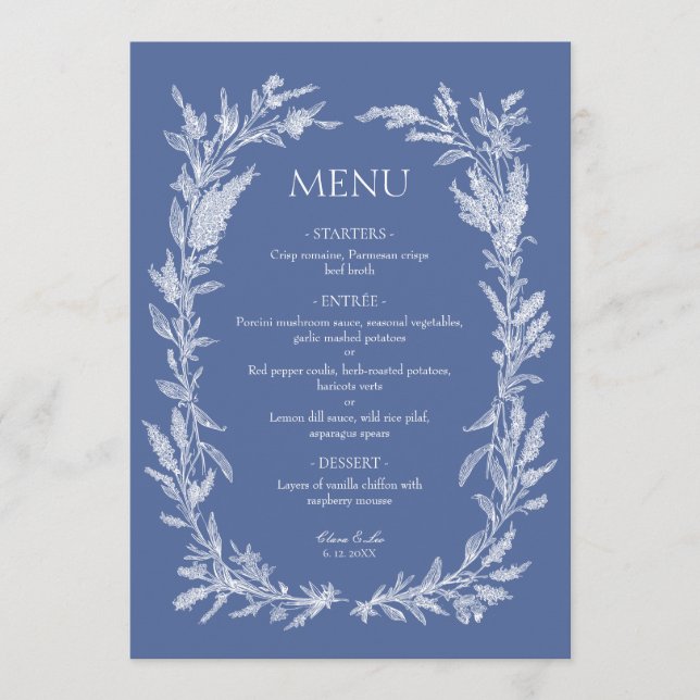 Boho Dusty Blue Botanical Wreath Wedding Menu (Front)