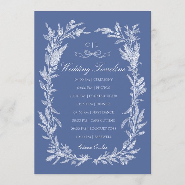 Boho Dusty Blue Botanical Wreath Wedding Timeline  Programme (Front)