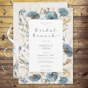 Boho Dusty Blue & Brown Floral Bridal Brunch Invitation