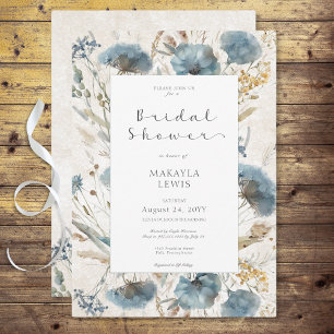 Boho Dusty Blue & Brown Floral Bridal Shower Invitation