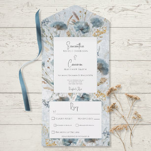 Boho Dusty Blue & Brown Floral Monogram Dinner All In One Invitation