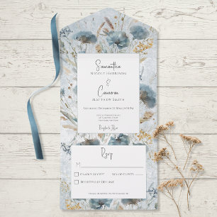 Boho Dusty Blue & Brown Floral Monogram No Dinner All In One Invitation