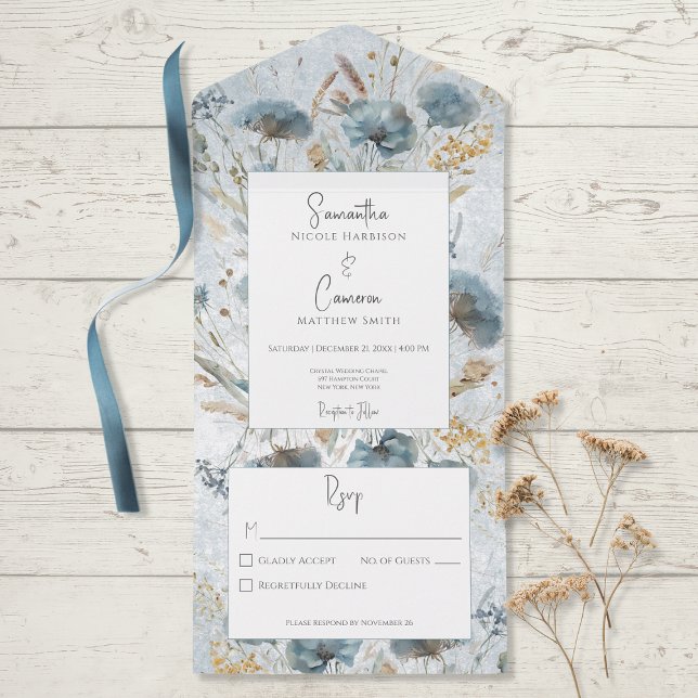 Boho Dusty Blue & Brown Floral Monogram No Dinner All In One Invitation (Creator Uploaded)
