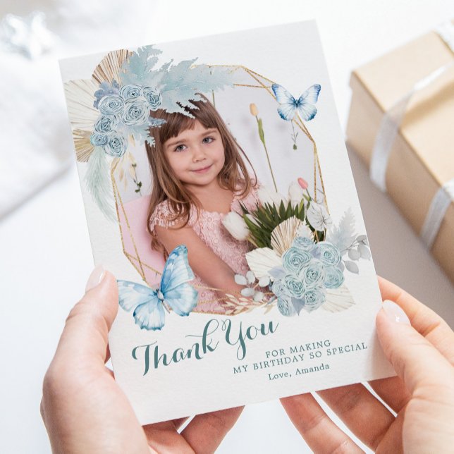 Boho Dusty Blue Butterfly 1st Birthday with photo Thank You Card (Creator Uploaded)