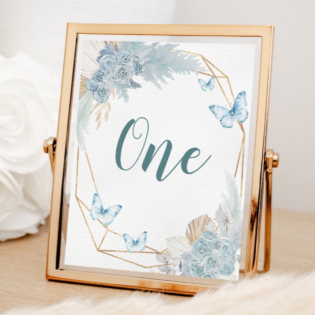 Boho Dusty Blue Butterfly Birthday Table Number (Creator Uploaded)
