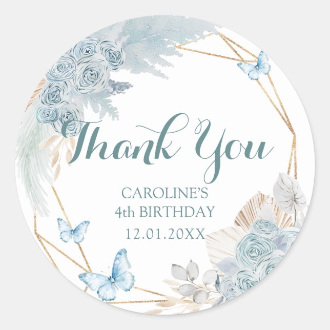 Boho Dusty Blue Butterfly Birthday Thank You Classic Round Sticker (Front)