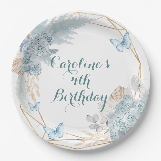 Boho Dusty Blue Butterfly Geometric Birthday Paper Plate (Front)