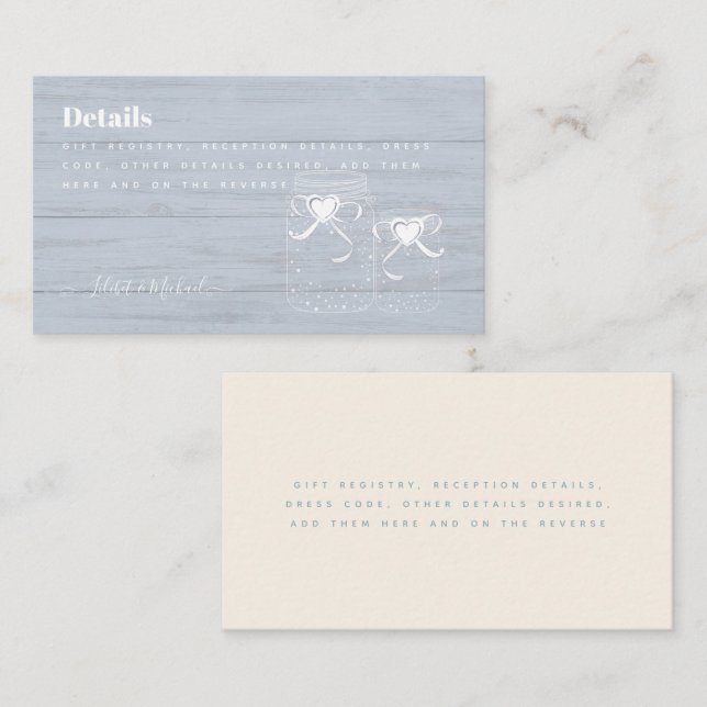 BOHO Dusty Blue Driftwood Mason Jars Wedding Business Card (Front/Back)