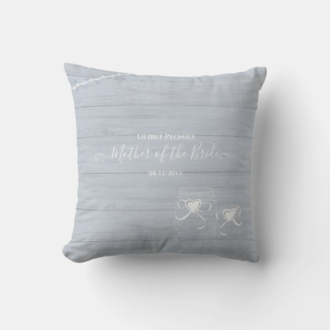 BOHO Dusty Blue Driftwood Mason Jars Wedding Cushion (Front)