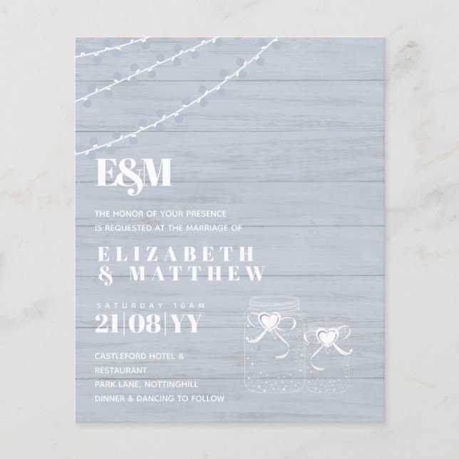 BOHO Dusty Blue Driftwood Mason Jars Wedding Flyer (Front)